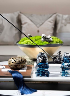 罗曼提 新中式托盘创意狮子软装饰品 样板间客厅茶几花艺桌面摆件