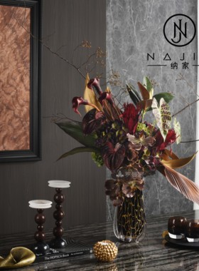 罗曼提海派中古风创意花艺饰品黑编织纹托盘样板间餐厅餐桌售楼处