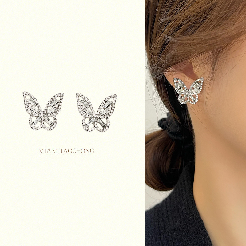 S925银针高级感水钻满钻蝴蝶耳钉女精致冷淡风气质大气耳环简约