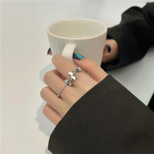 ins冷淡风食指戒指M100 个性 两件套装 复古做旧银色蝴蝶戒指女时尚