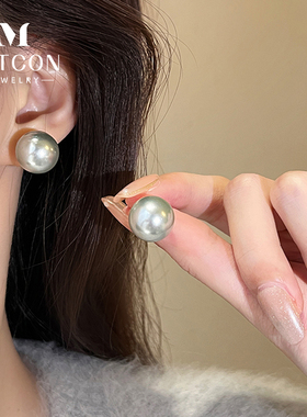 灰色珍珠耳钉女小众设计高级感耳环2023年新款爆款气质简约耳饰品