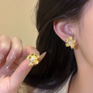 棉条虫法式复古珍珠花朵耳钉女金属风浪漫优雅百搭气质耳环耳饰品