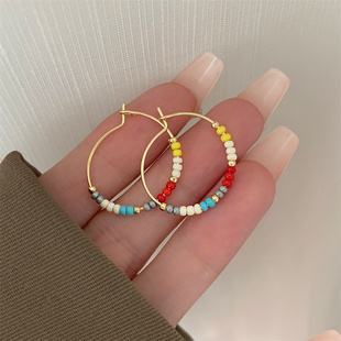 耳环小众设计感串珠耳饰高级感耳圈复古彩色耳钉百搭女 白百何同款