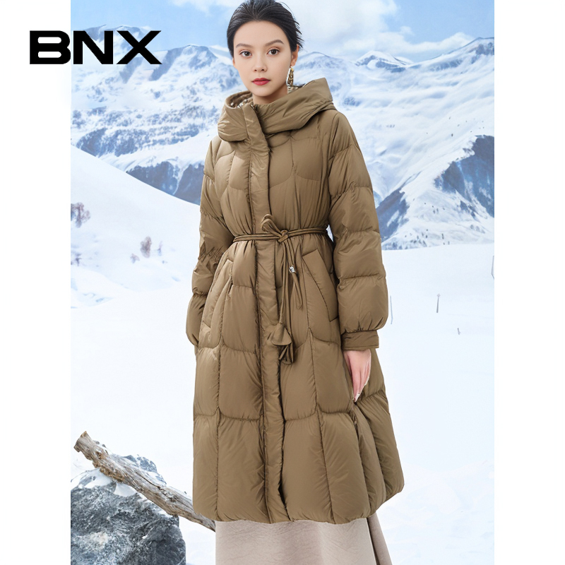 BNX2025冬季新款羽绒服女中长款过膝加厚保暖白鸭绒连帽外套