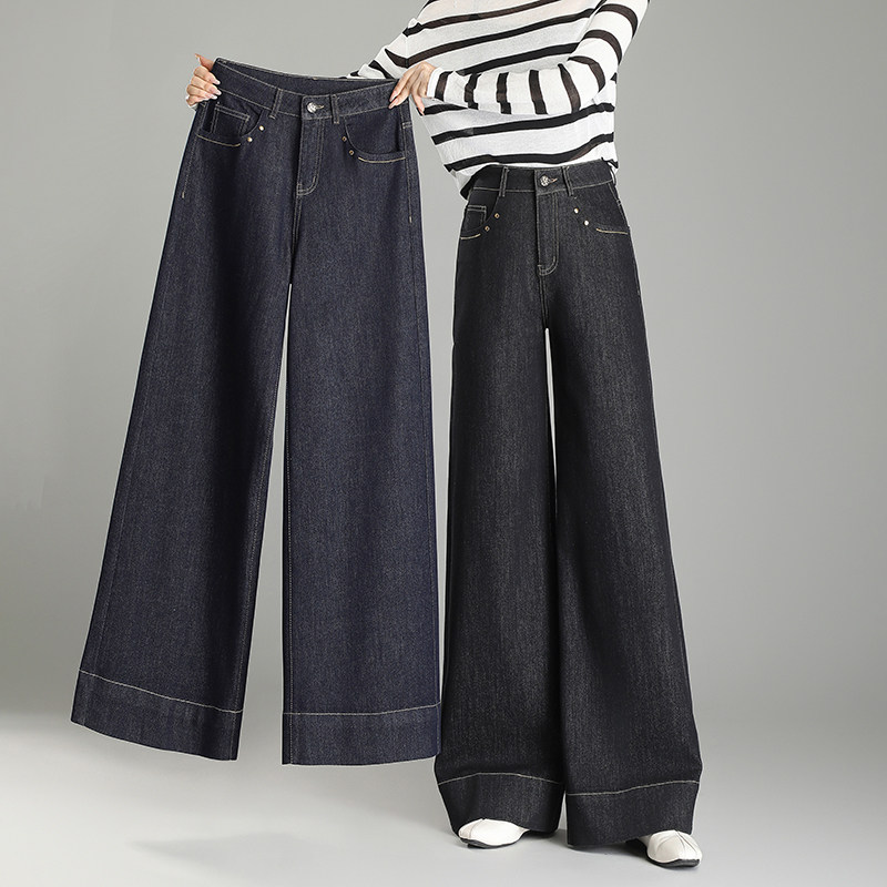 直筒牛仔裤女休闲高腰显瘦深色阔腿裤2025春季新款不掉色时髦洋气