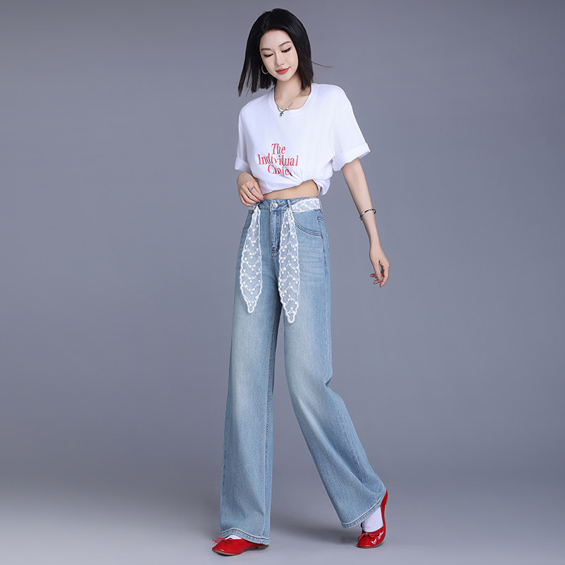 浅色宽松直筒阔腿牛仔裤女2025新款春夏季高腰显瘦长裤子休闲裤