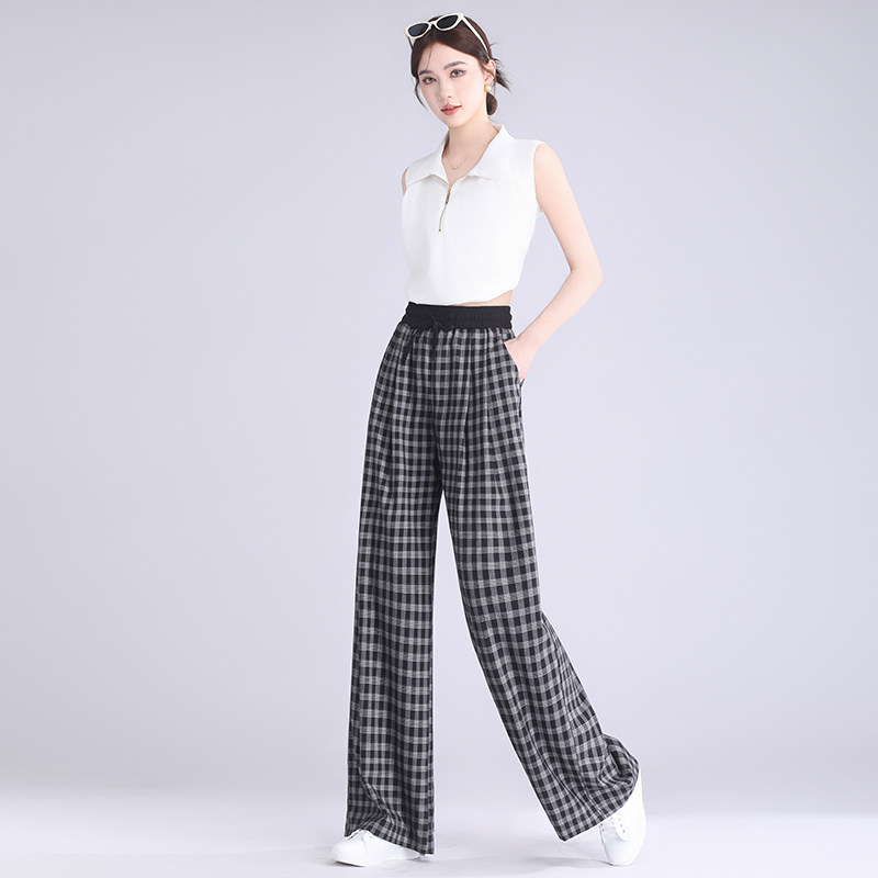 垂感格子裤女2025春夏新款宽松高腰显瘦黑灰棋格休闲阔腿长裤潮