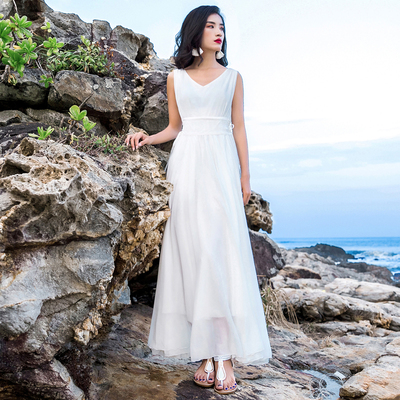 复古风大摆雪纺纯色v领无袖系带