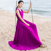 复古风V领无袖 抽褶纯色长裙子中腰系带大摆连衣裙女海边度假长款