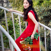 复古风v领无袖 红色雪纺系带抽绳连衣裙海边度假大摆群纯色长裙子