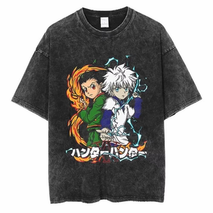 嘻哈oversize做旧复古动漫全职猎人hunter x hunter水洗短袖t恤男