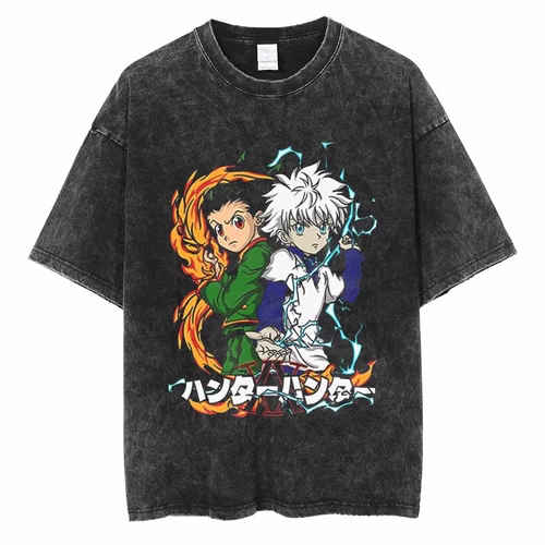嘻哈oversize做旧复古动漫全职猎人hunter x hunter水洗短袖t恤男