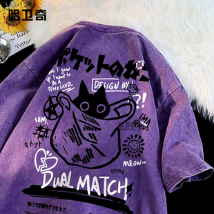 Kawaii Cat T-shirt复古卡通原宿可爱猫咪印花短袖T恤情侣上衣服