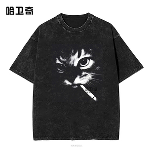 Smoking Cat Face Meme T-shirt搞笑表情包猫脸烟图案T恤猫咪短袖