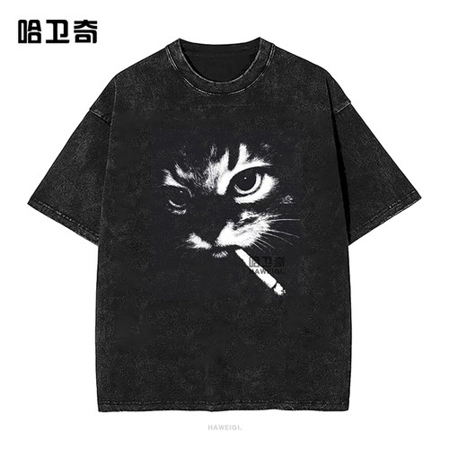 Smoking Cat Face Meme T-shirt搞笑表情包猫脸烟图案T恤猫咪短袖