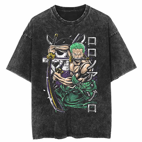 街头复古做旧水洗纯棉T恤原宿短袖上衣男女航海王海贼王One Piece