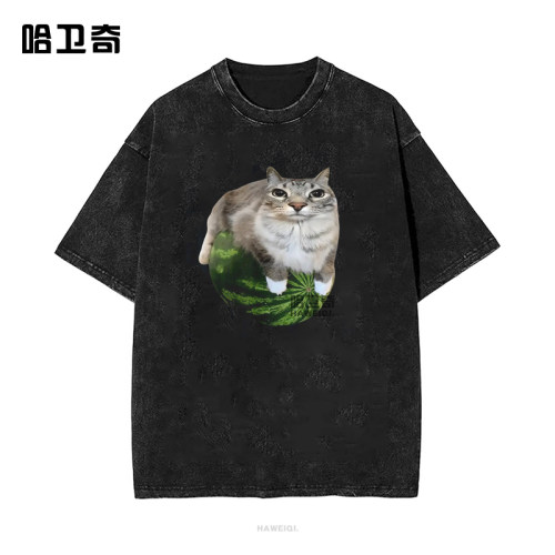 西瓜猫Silly Cat Meme T-Shirt傻猫表情包T恤滑稽西瓜短袖上衣服