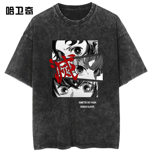 跨境Demon Slayer鬼灭之刃周边水洗T恤做旧动漫短袖体恤衫夏情侣
