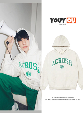 tf家族张泽禹同款绿色字母连帽卫衣男女秋冬宽松慵懒风外套上衣潮