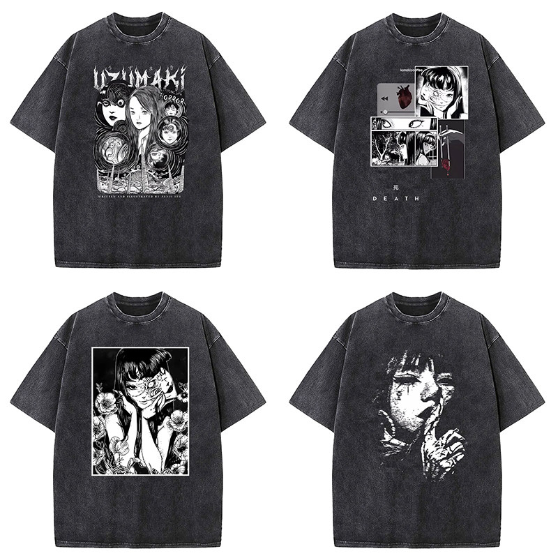 动漫日系Tomie Junji Ito T-shirt富江复古水洗做旧短袖t恤上衣服