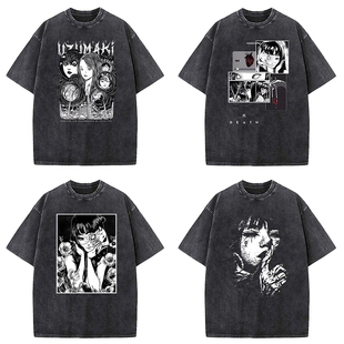 动漫日系Tomie Junji Ito T-shirt富江复古水洗做旧短袖t恤上衣服