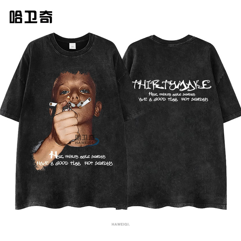 美式复古潮牌小男孩嘻哈水洗做旧短袖T恤T-shirts宽松男女上衣服