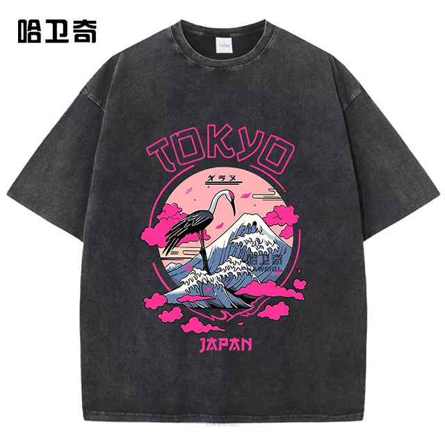 Tokyo Wash T-Shirts复古酸洗日本东京富士山鹤印花短袖T恤棉衣服 - 实物图