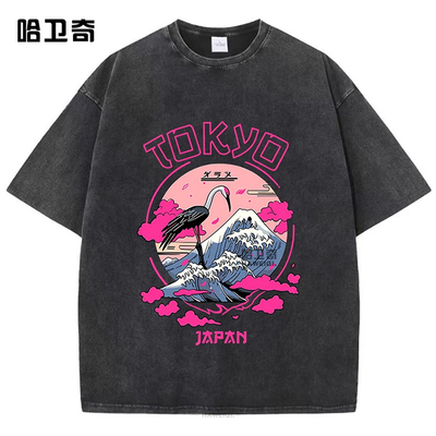 Tokyo Wash T-Shirts复古酸洗日本东京富士山鹤印花短袖T恤棉衣服