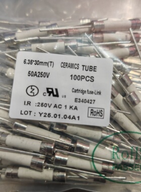 6*30mm陶瓷保险丝管T50A/250V 熔断器250VAC 带引线