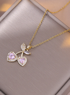 项链女网红日韩风项链樱桃时尚设计气质粉色锆石锁骨链甜美锁骨链