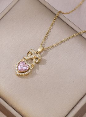 锆石爱心钛钢项链女粉色蝴蝶新款