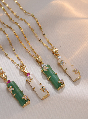 项链女 日韩复古风网红直播祖母绿竹节节节高小众设计感钛钢项链