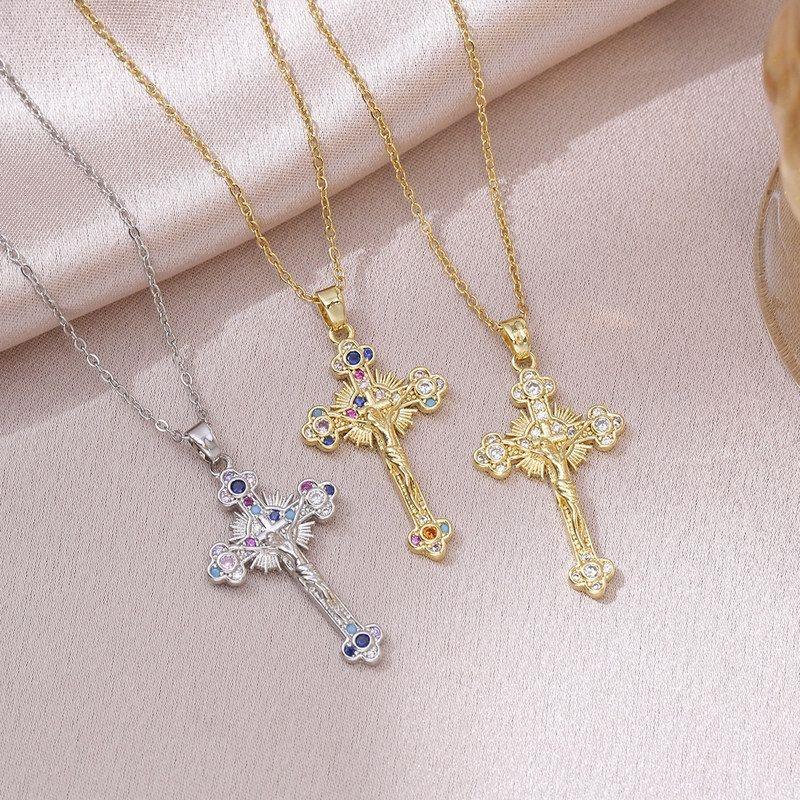 项链女 欧美跨境锆石微镶彩色复古个性十字架项链吊坠气质锁骨链