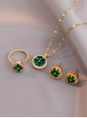 项链女 网红ins潮祖母绿爱心套装旋转戒指微镶锆石钛钢锁骨链