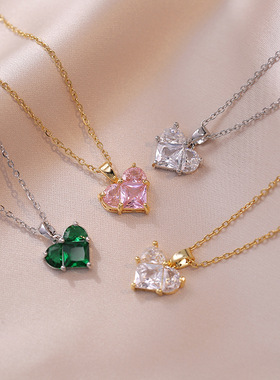 项链女网红爱心祖母绿锆石小众时尚桃心新款设计感吊坠气质锁骨链