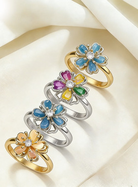 戒指女 欧美跨境新品镀真金360旋转戒指蓝色猫眼石配锆石开口指环