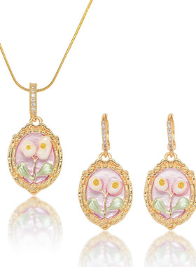 项链女欧美新款天然淡水珍珠项链油画风太阳花珍珠简约扣耳环套装