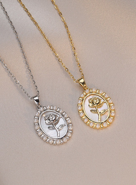 项链女法式高雅珠光白色贝壳复古玫瑰花金币吊坠淡水珍珠钛钢项链