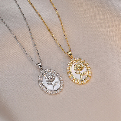 项链女法式高雅珠光白色贝壳复古玫瑰花金币吊坠淡水珍珠钛钢项链