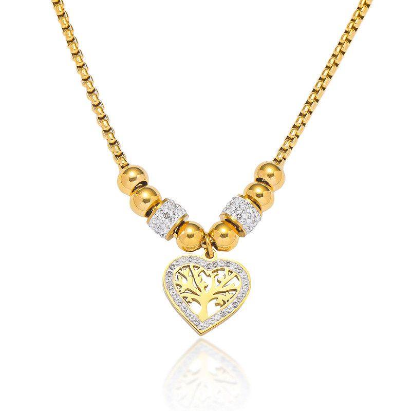 项链女欧美气质圆珠锁骨链满钻锆石爱心吊坠钛钢项链生命树锁骨链