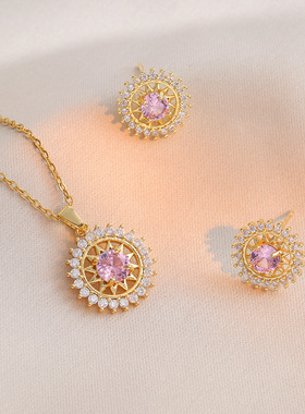 项链女韩版简约钛钢粉色花朵锆石耳环小众设计时尚气质锁骨链饰品