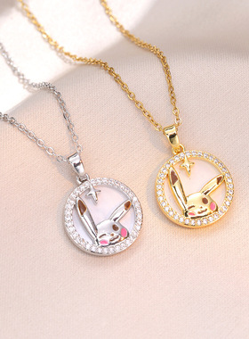 项链女 网红锆石圆牌复古风锆石兔子新款设计感吊坠气质钛钢项链