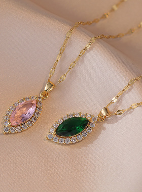 项链女网红彩色锆石几何小众时尚新款设计感吊坠气质祖母绿锁骨链