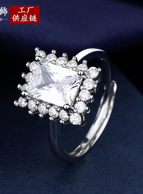 韩版热卖方钻豪镶满钻方形戒指活口设计气质女式直播