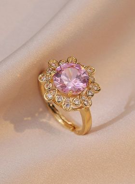 戒指女 花朵锆石开口戒指甜美小众设计日韩风食指戒网红可调节指