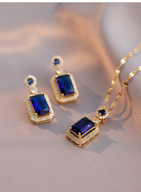 项链女 日韩风新款宝石蓝水晶时尚网红锆石耳钉复古气质钛钢项链