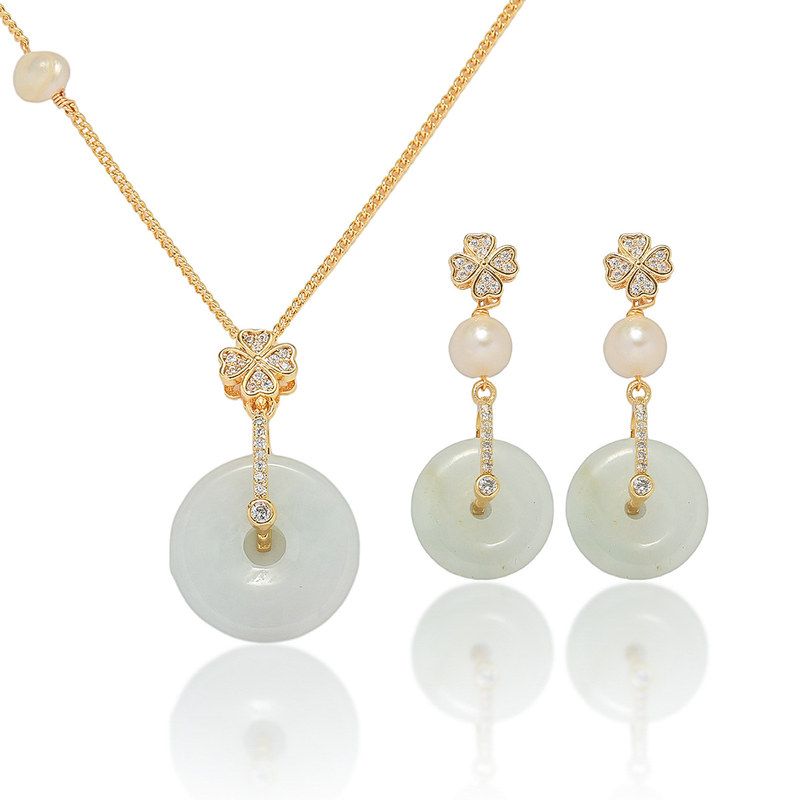 项链女网红淡水珍珠天然翡翠小众爱心四叶花耳环套装设计气质项链