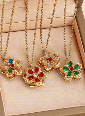 项链女跨境网红紫荆花锆石花朵小众旋转新款设计气质吊坠钛钢项链