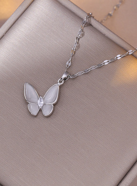 项链女 跨境日韩风蝴蝶猫眼石小众时尚钛钢项链ins设计简约锁骨链