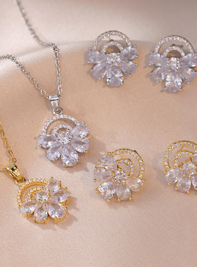 项链女 网红半圆弧镶钻耳钉女欧美ins小众时尚耳饰套装锁骨链